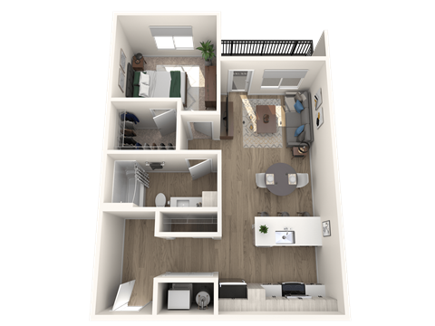 A 3D floor plan of a house with a living room, kitchen, and dining area.